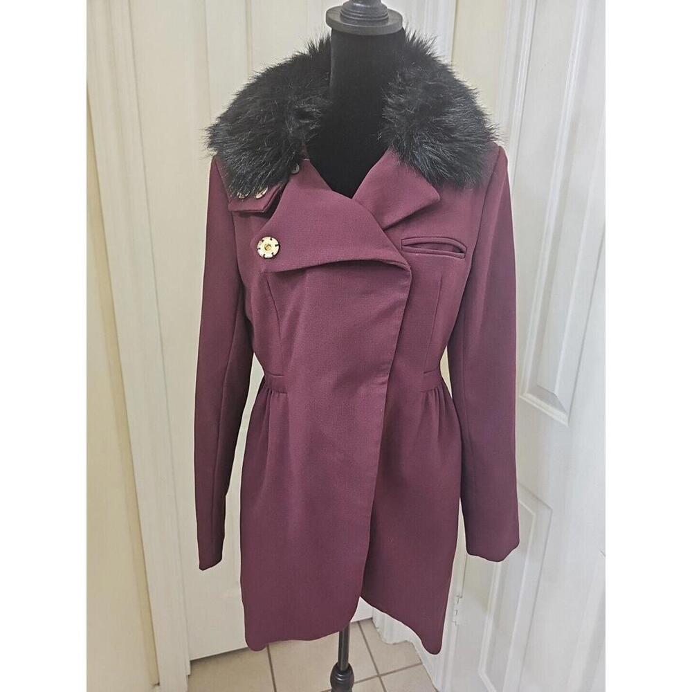Vintage Bebe Baby Doll Style Coat Burgundy Medium Black Faux Fur Collar Y2K
